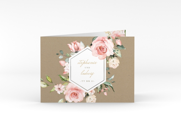 Dankeskarte Hochzeit Graceful A6 Klappkarte quer silber mit Rosenblüten in Rosa und Weiß