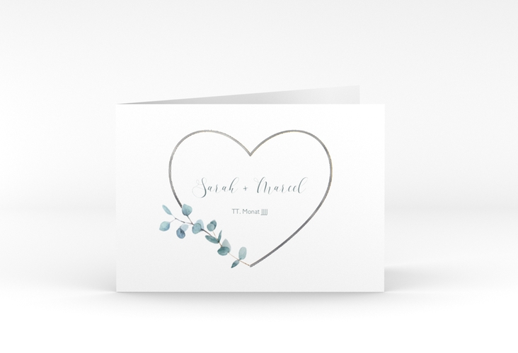 Danksagungskarte Hochzeit Greenheart A6 Klappkarte quer silber mit elegantem Herz und Eukalyptus-Zweig