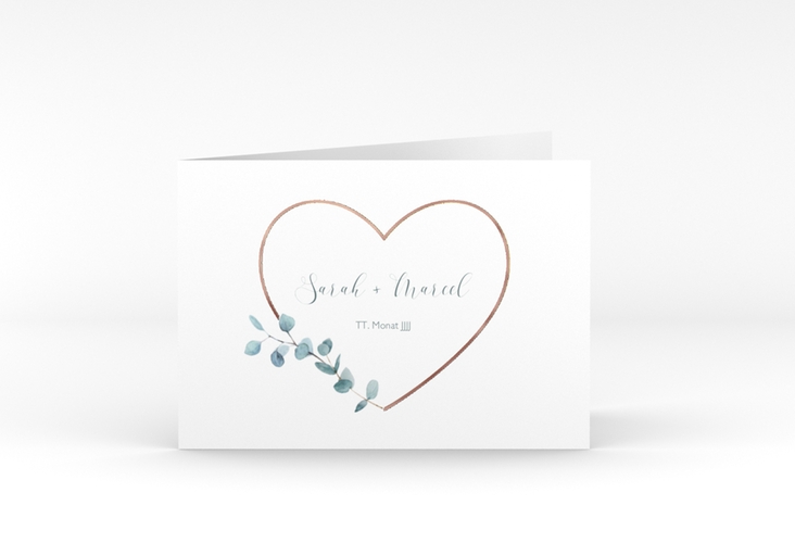 Danksagungskarte Hochzeit Greenheart A6 Klappkarte quer rosegold mit elegantem Herz und Eukalyptus-Zweig