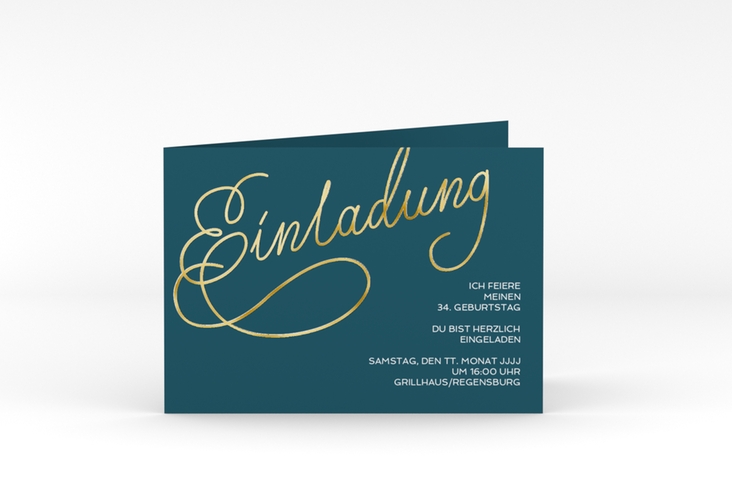 Einladung Geburtstag  Schwungvoll A6 Klappkarte quer gold