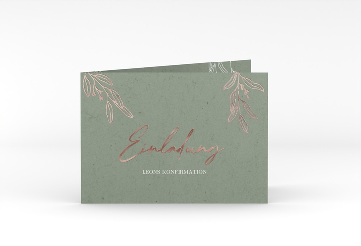 Konfirmationseinladung Grüne Natur A6 Klappkarte quer rosegold