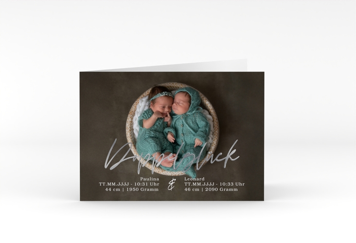 Geburtskarte Doppelglück A6 Klappkarte quer silber