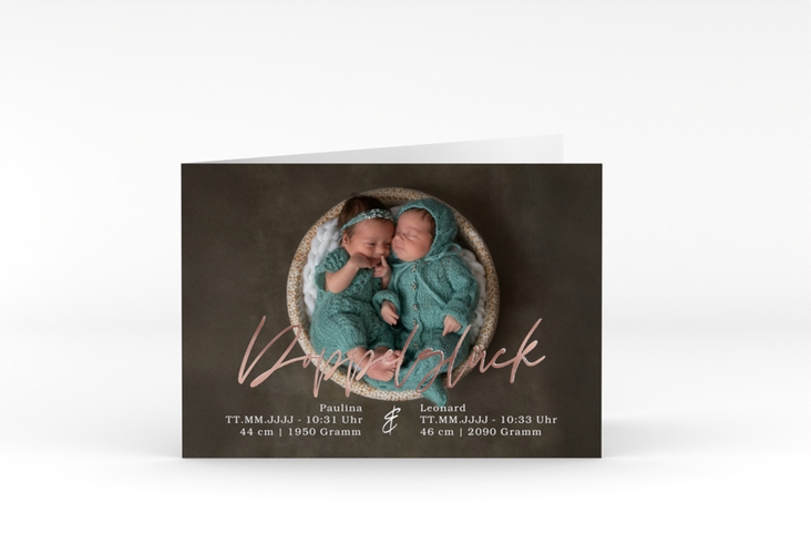 Geburtskarte Doppelglück A6 Klappkarte quer rosegold