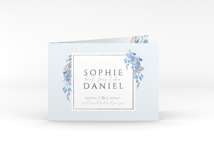 Hochzeiteinladung Blauregen A6 Klappkarte quer silber mit Wisteria-Blüten