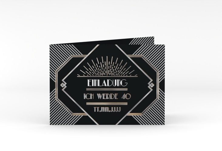 Einladung 40. Geburtstag Glamour A6 Klappkarte quer silber im Jugendstil-Design