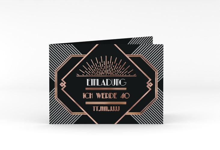 Einladung 40. Geburtstag Glamour A6 Klappkarte quer rosegold im Jugendstil-Design