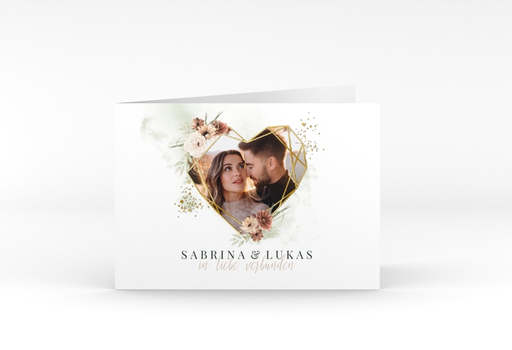 Hochzeitseinladung Odeur A6 Klappkarte quer gold mit Aquarell-Blumen und Foto in Herzform