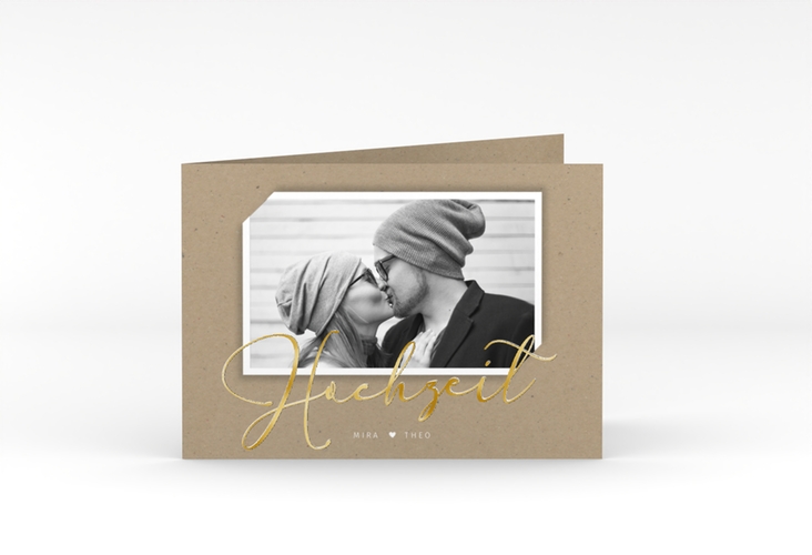 Hochzeitseinladung Crafty A6 Klappkarte quer gold mit Foto