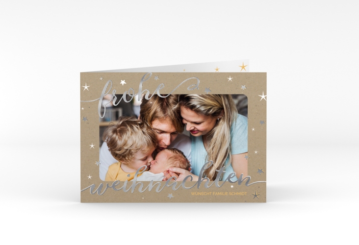 Weihnachtskarte Sternenlicht A6 Klappkarte quer silber in Kraftpapier-Optik mit Foto