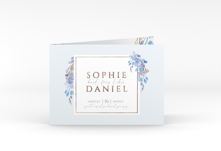 Hochzeiteinladung Blauregen A6 Klappkarte quer rosegold mit Wisteria-Blüten