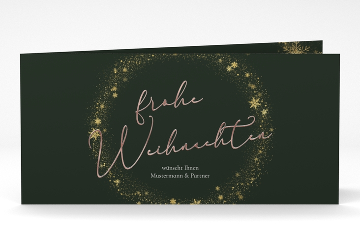 Geschäftliche Weihnachtskarte Glitzerkranz lange Klappkarte quer rosegold mit Kranz aus Eiskristallen und eleganter Aufschrift frohe Weihnachten