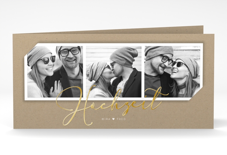 Hochzeitseinladung Crafty lange Klappkarte quer gold mit drei Fotos