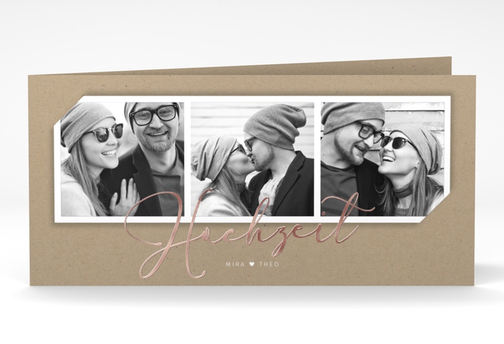 Hochzeitseinladung Crafty lange Klappkarte quer rosegold mit drei Fotos