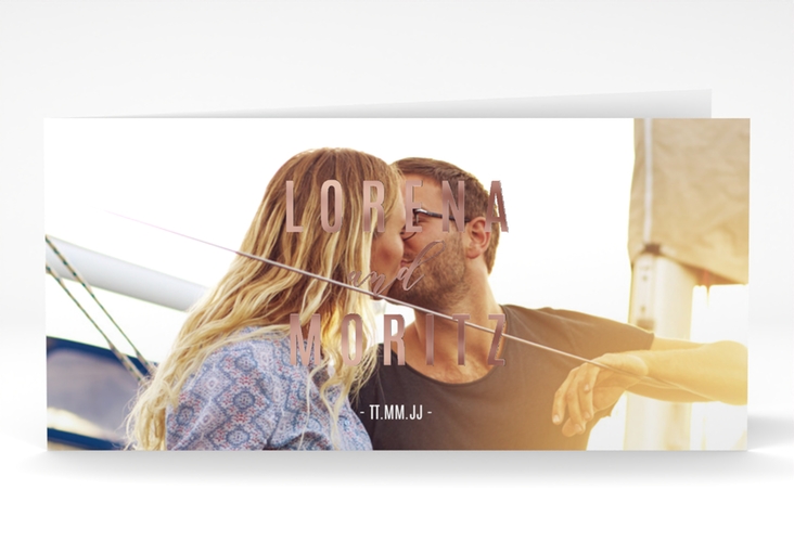 Hochzeitseinladung Memory lange Klappkarte quer rosegold