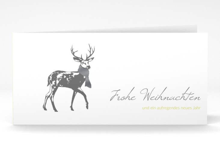 Geschäftliche Weihnachtskarte Hirsch lange Klappkarte quer silber mit Hirsch mit Schal