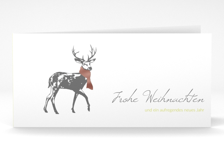 Geschäftliche Weihnachtskarte Hirsch lange Klappkarte quer rosegold mit Hirsch mit Schal