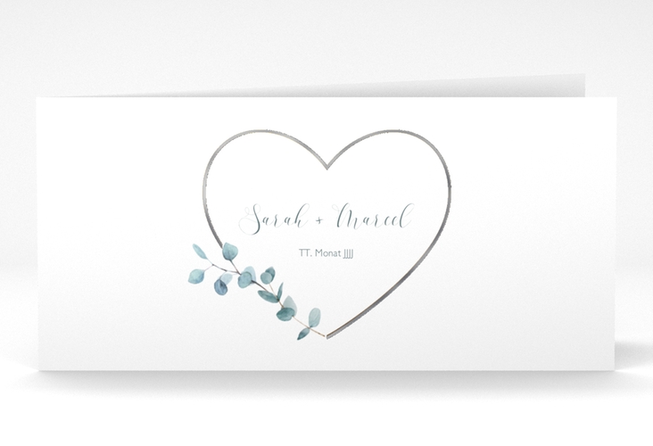 Danksagungskarte Hochzeit Greenheart lange Klappkarte quer silber mit elegantem Herz und Eukalyptus-Zweig
