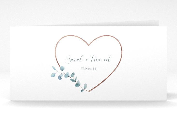 Danksagungskarte Hochzeit Greenheart lange Klappkarte quer rosegold mit elegantem Herz und Eukalyptus-Zweig