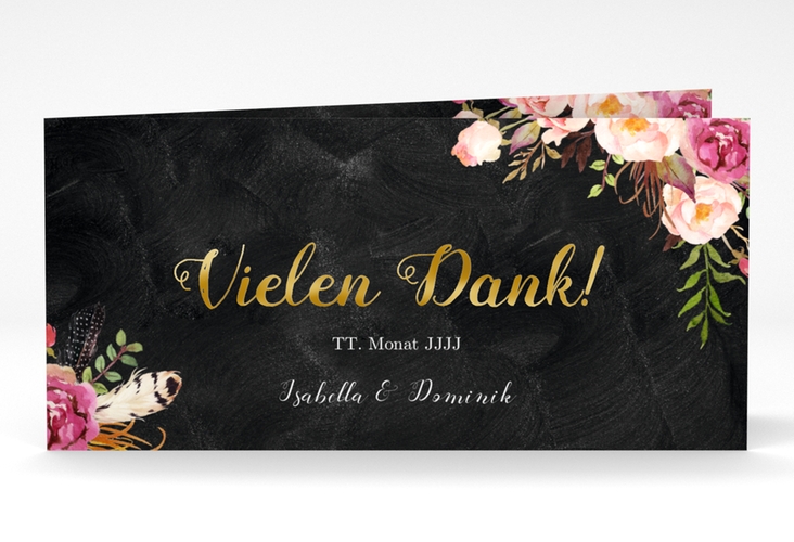 Danksagungskarte Hochzeit Flowers lange Klappkarte quer gold mit bunten Aquarell-Blumen