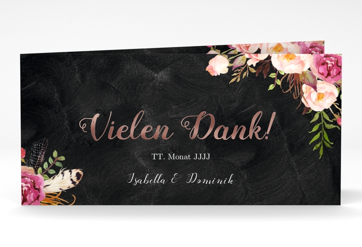 Danksagungskarte Hochzeit Flowers lange Klappkarte quer rosegold mit bunten Aquarell-Blumen