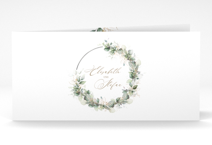 Danksagungskarte Hochzeit Selvatica lange Klappkarte quer silber mit Eukalyptus-Kranz