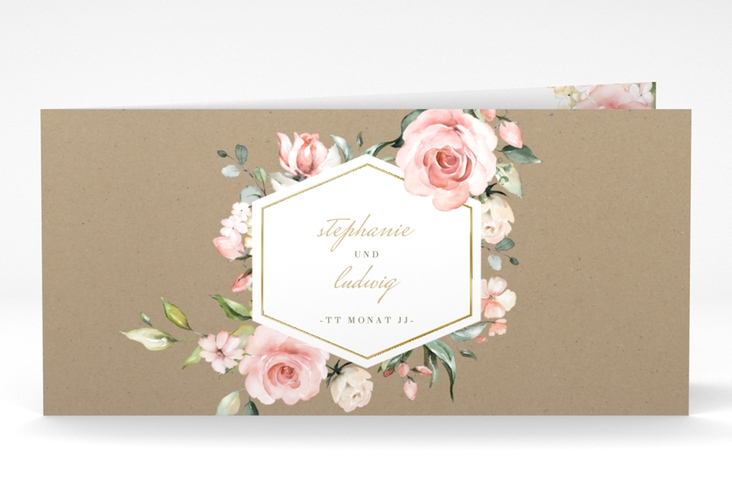 Danksagungskarte Hochzeit Graceful lange Klappkarte quer gold mit Rosenblüten in Rosa und Weiß