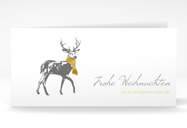Geschäftliche Weihnachtskarte Hirsch lange Klappkarte quer gold mit Hirsch mit Schal