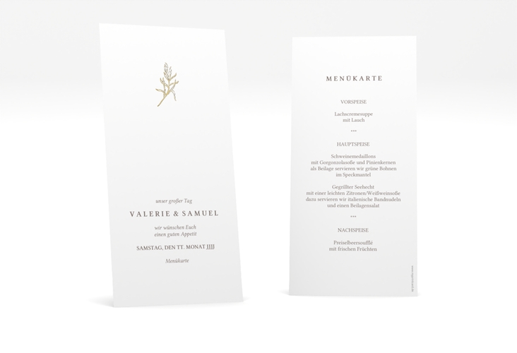 Menükarte Hochzeit Ivy lange Karte hoch gold minimalistisch mit kleiner botanischer Illustration