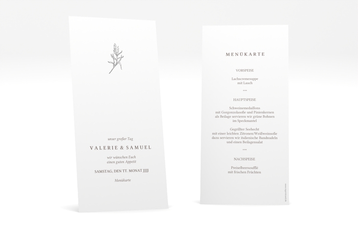 Menükarte Hochzeit Ivy lange Karte hoch silber minimalistisch mit kleiner botanischer Illustration