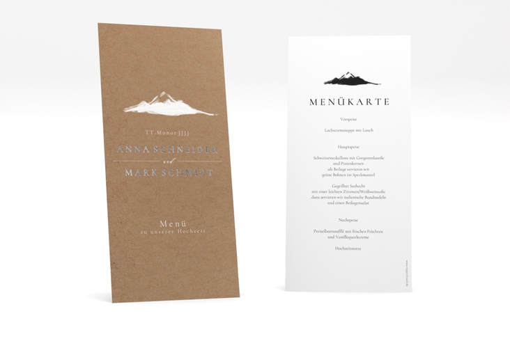Menükarte Hochzeit Berghochzeit lange Karte hoch silber mit Berg-Motiv
