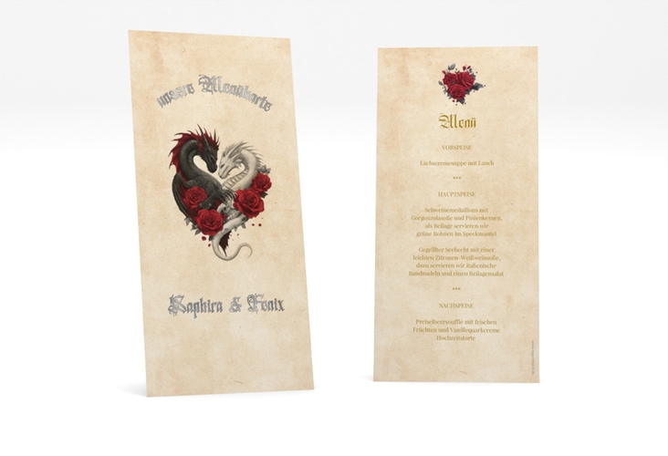 Menükarte Hochzeit Drachenliebe lange Karte hoch silber mit schwarzem und weißem Drachen zu einem Herz verschlungen
