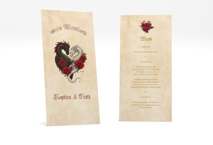 Menükarte Hochzeit Drachenliebe lange Karte hoch rosegold mit schwarzem und weißem Drachen zu einem Herz verschlungen