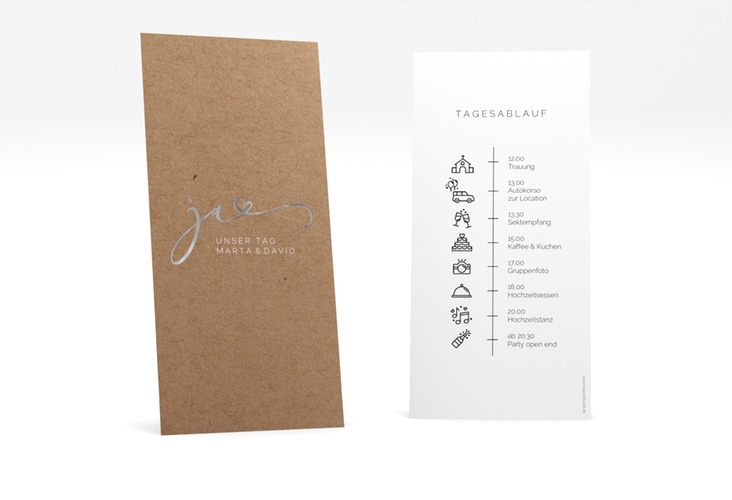 Tagesablauf Hochzeit Jawort lange Karte hoch silber modern minimalistisch mit veredelter Aufschrift
