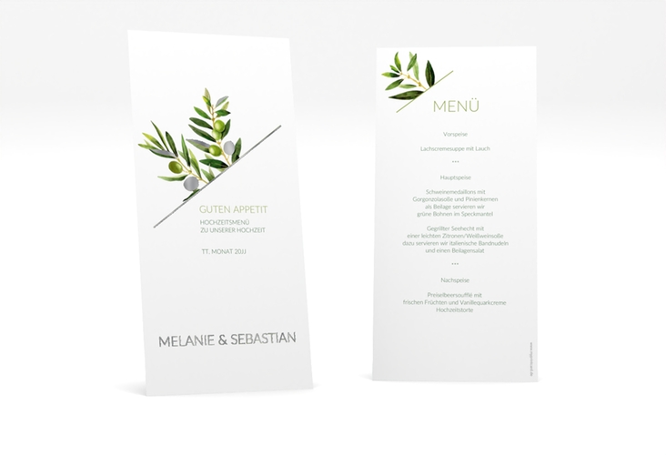 Menükarte Hochzeit Olivenzweig lange Karte hoch silber