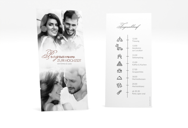 Tagesablauf Hochzeit Bokeh lange Karte hoch rosegold