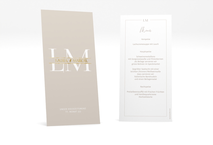 Menükarte Hochzeit Monogramm lange Karte hoch gold