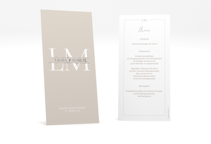 Menükarte Hochzeit Monogramm lange Karte hoch silber