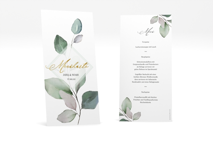 Menükarte Hochzeit Foglia lange Karte hoch gold edel mit Eukalyptus im Aquarell-Design