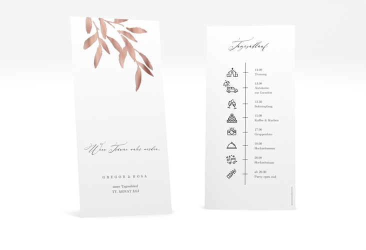 Tagesablauf Hochzeit Demure lange Karte hoch rosegold