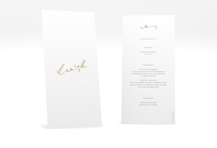 Menükarte Hochzeit Zweisamkeit lange Karte hoch gold im minimalistischen Stil mit Aufschrift du & ich