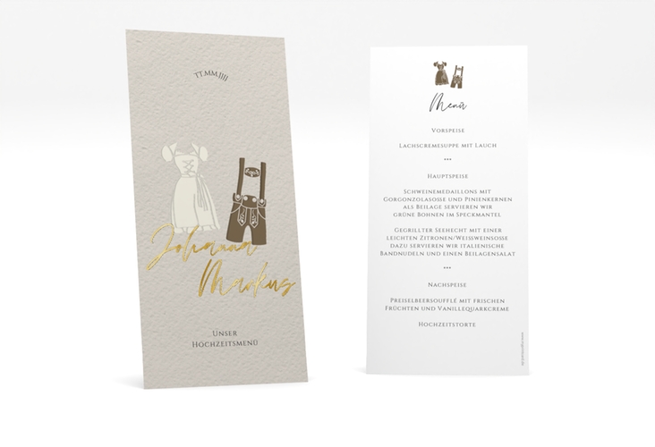 Menükarte Hochzeit Trachtenhochzeit lange Karte hoch gold mit Dirndl und Lederhose
