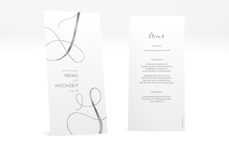 Menükarte Hochzeit Eheschließung lange Karte hoch silber