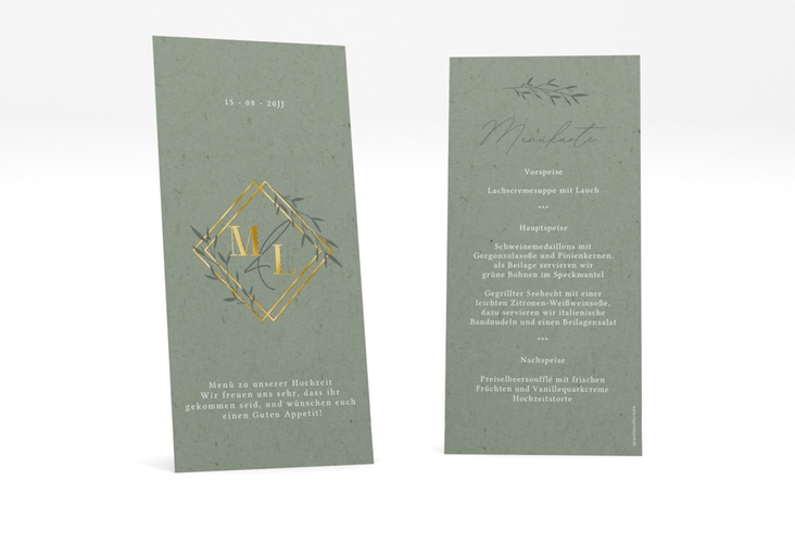 Menükarte Hochzeit Greenletter lange Karte hoch gold mit Initialen in elegantem Goldrahmen mit Blättern