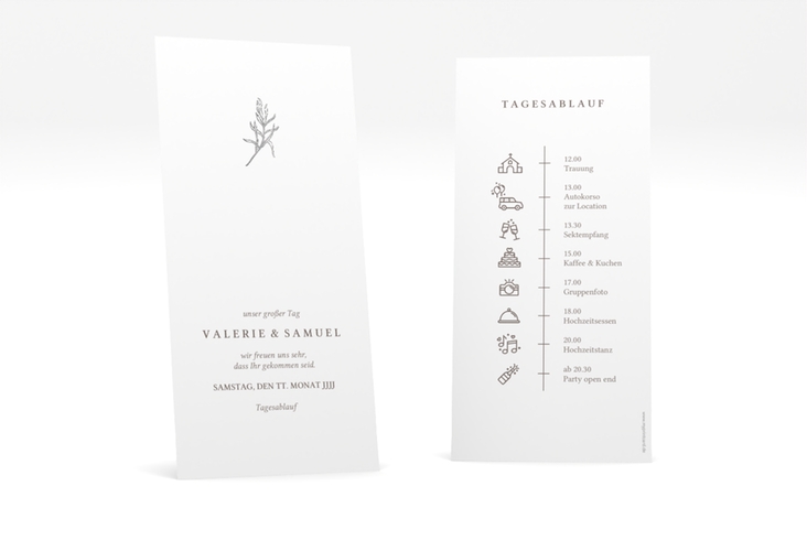Tagesablauf Hochzeit Ivy lange Karte hoch silber minimalistisch mit kleiner botanischer Illustration