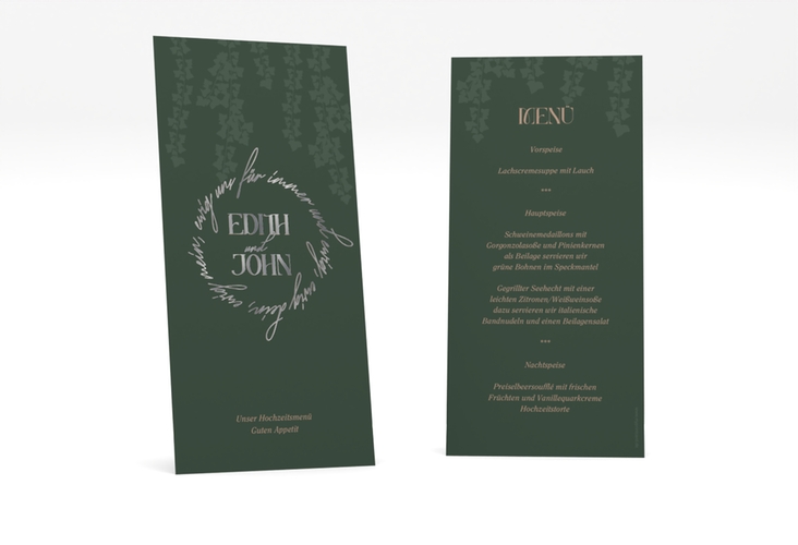 Menükarte Hochzeit Efeugrün lange Karte hoch silber im Fantasy-Elfen-Design mit Efeu