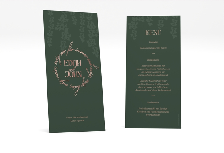Menükarte Hochzeit Efeugrün lange Karte hoch rosegold im Fantasy-Elfen-Design mit Efeu