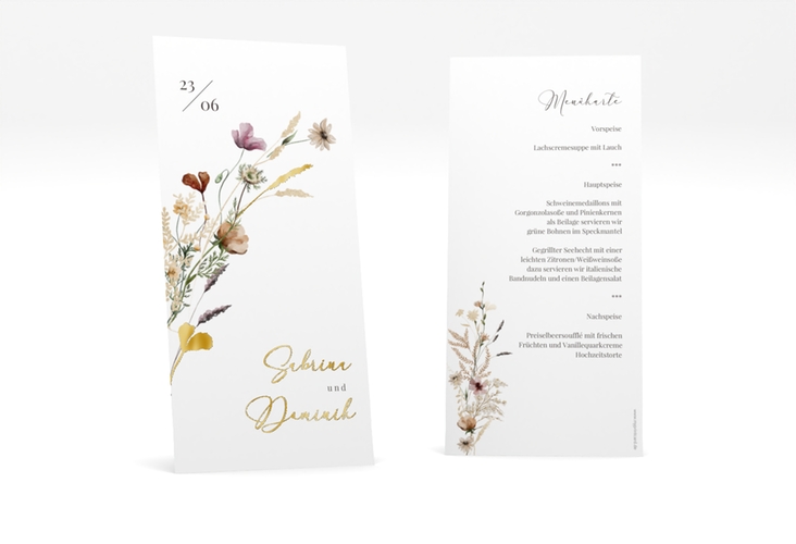 Menükarte Hochzeit Sauvages lange Karte hoch gold mit getrockneten Wiesenblumen