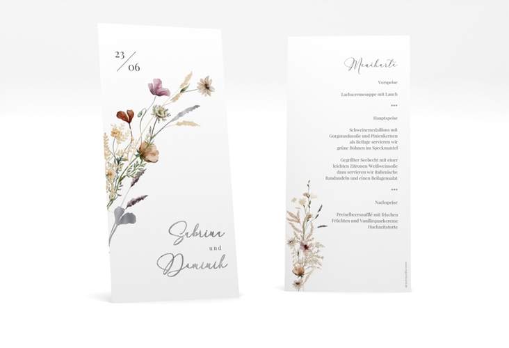 Menükarte Hochzeit Sauvages lange Karte hoch silber mit getrockneten Wiesenblumen