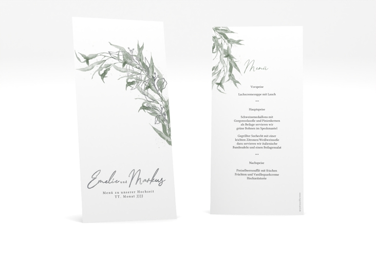 Menükarte Hochzeit Eucalyptus Green lange Karte hoch silber