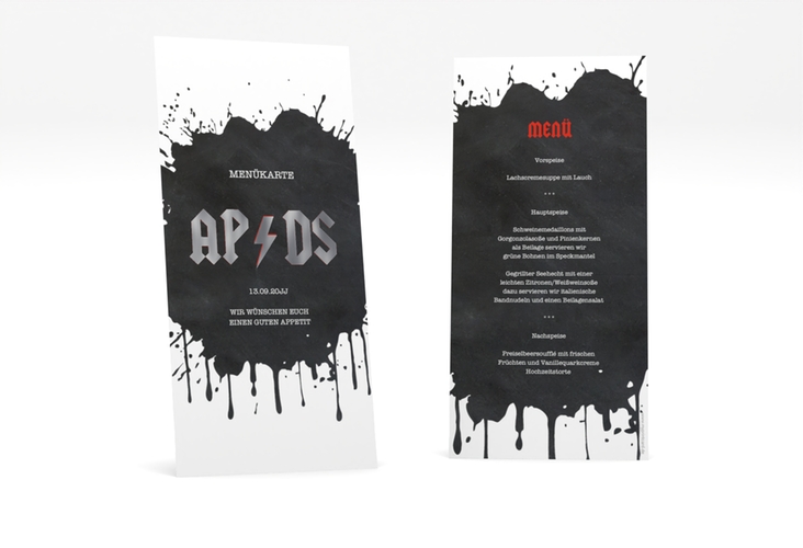 Menükarte Hochzeit Hardrock lange Karte hoch silber für Rockband-Fans